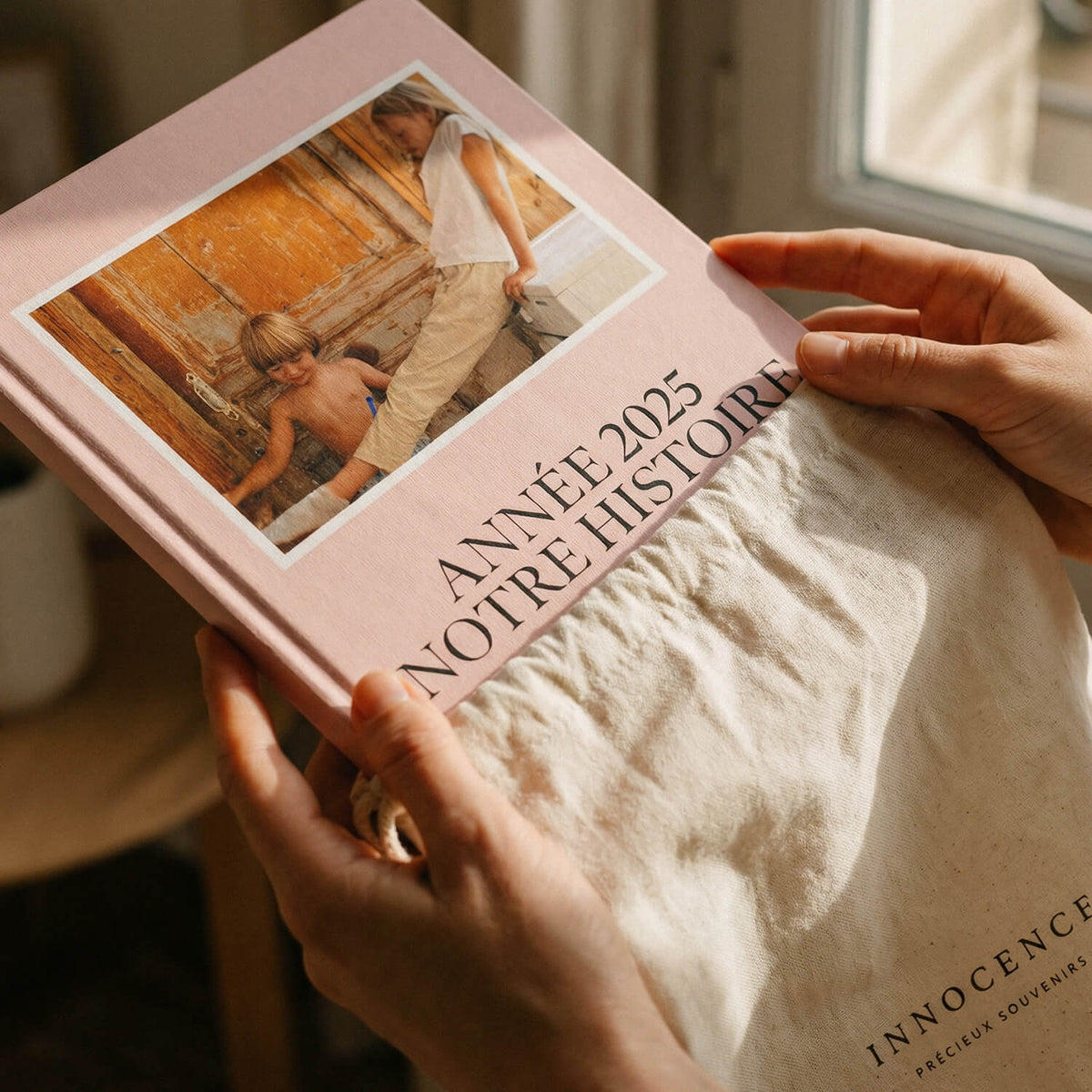 An Innocence photo album, open on a table
